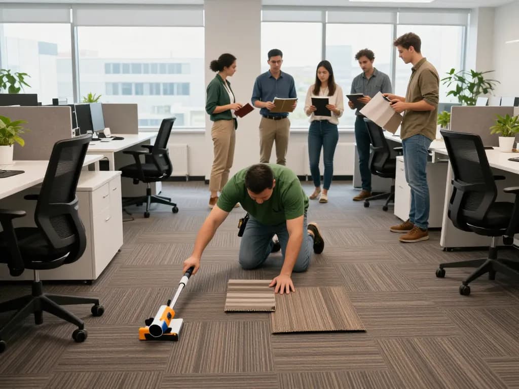 Professional installer performing commercial carpet installation in a modern office setting.