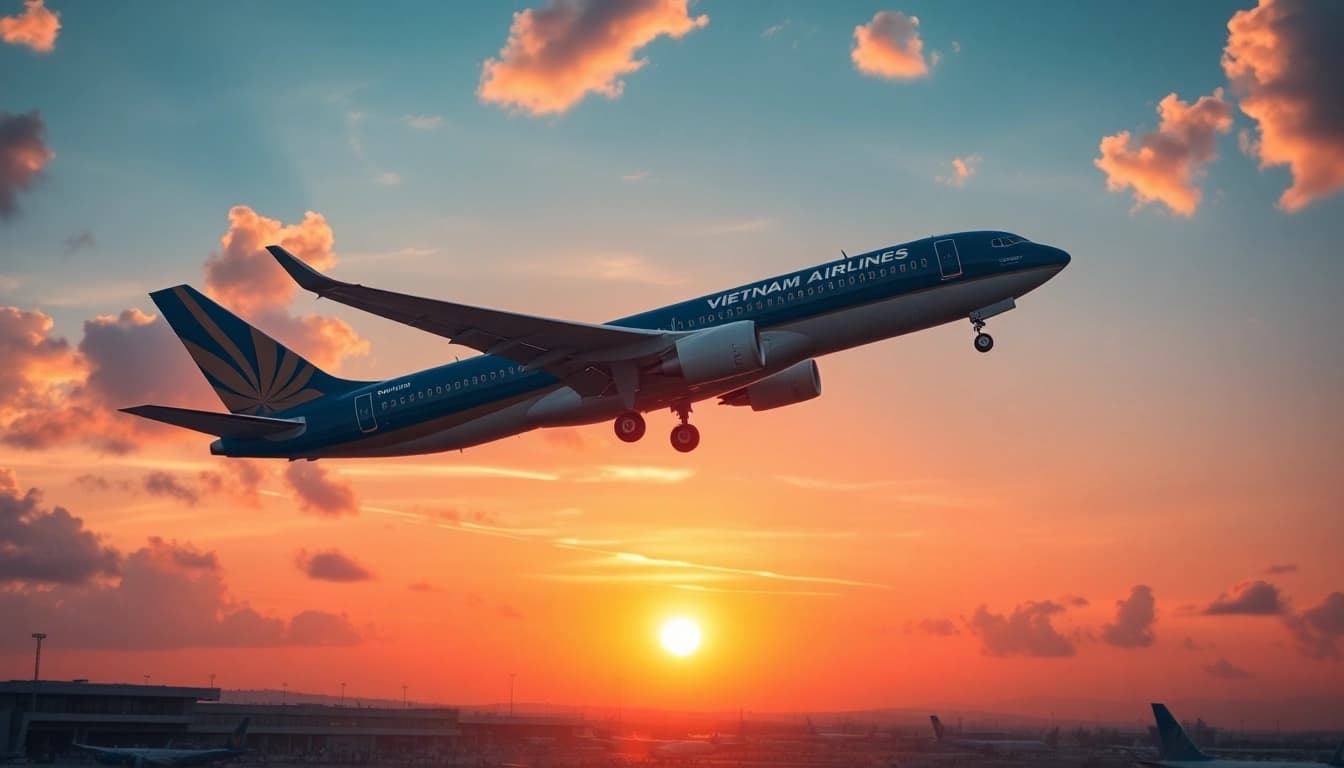 Live tracking of VN168 flight departing with vibrant sunset.