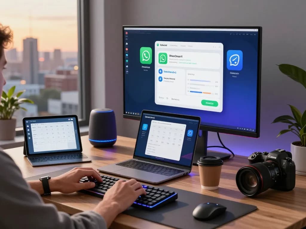 User using Open Claw personal AI assistant on a modern workspace with messaging apps on display, showcasing a tech-savvy environment.