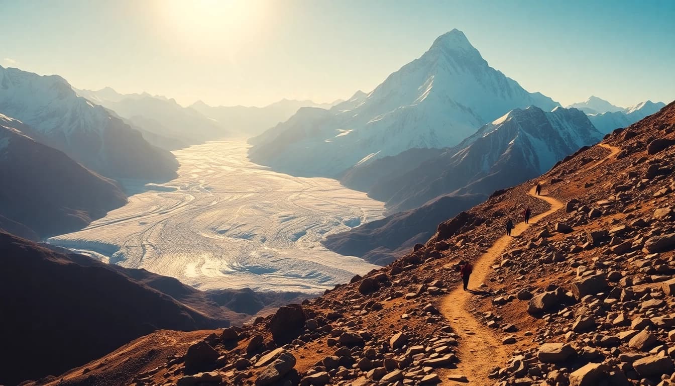 Everest base camp with panoramic views of the Khumbu Glacier and majestic peaks, capturing the adventure of trekking.