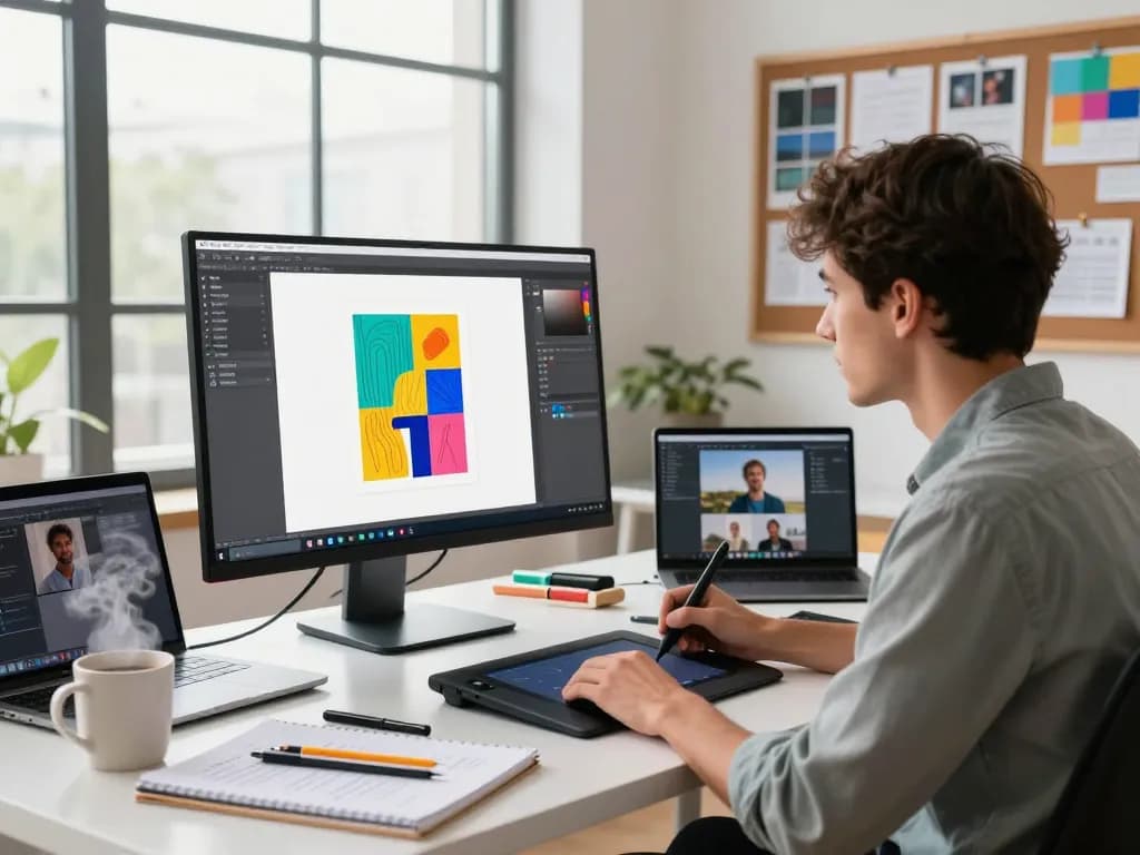 Designer using image to prompt tool in a vibrant creative workspace with bright decor and art supplies.