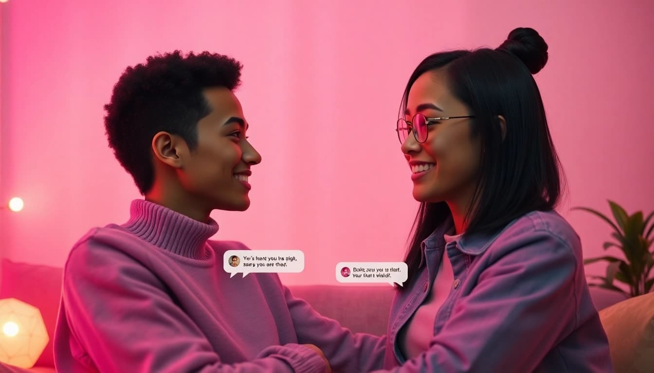 Engaging avatars in a warm setting depicting ai sex chat with playful digital interaction.