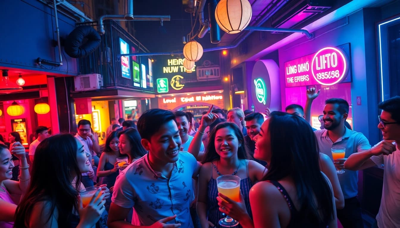 Exciting nightlife scene of 호치민밤문화 with lively bars and clubs, showcasing vibrant crowds enjoying the evening.