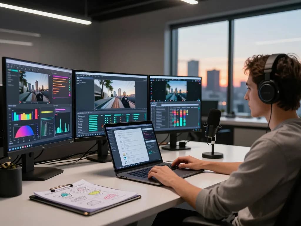 Innovative video to prompt AI analysis in a modern tech workspace.