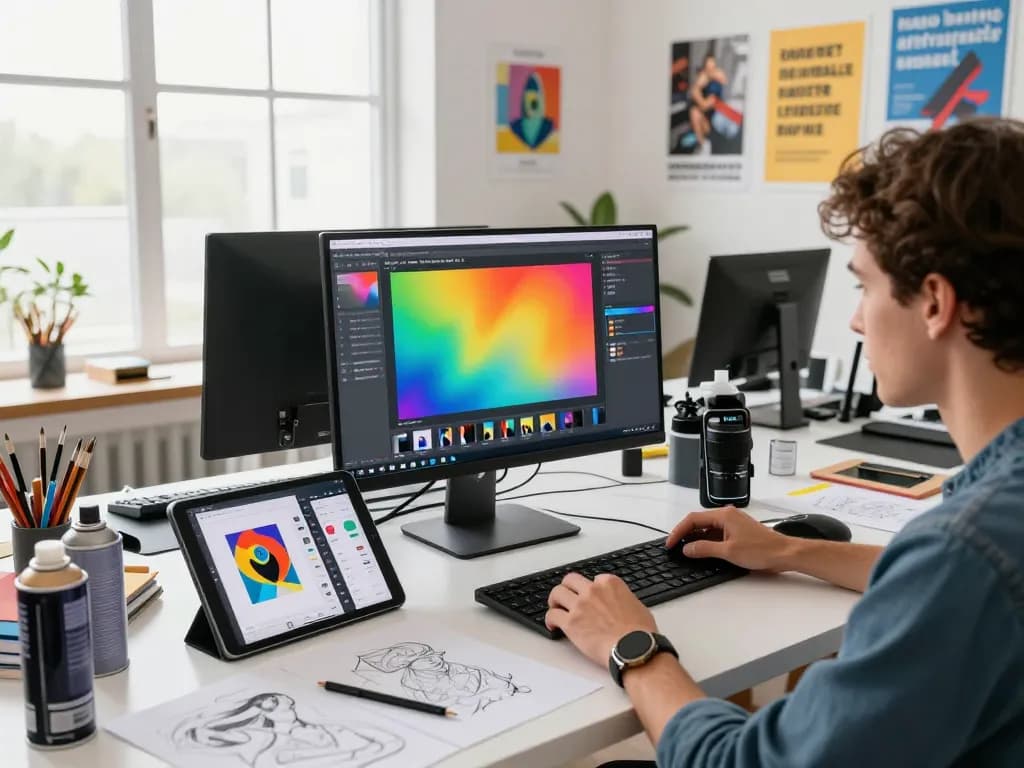 Artist using the Nano Banana 2 AI image editor in a dynamic digital art studio.