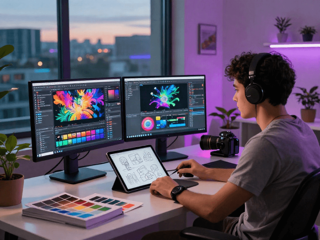 Engaging workspace with a content creator designing AI NSFW visuals, vibrant monitors, and creative tools.