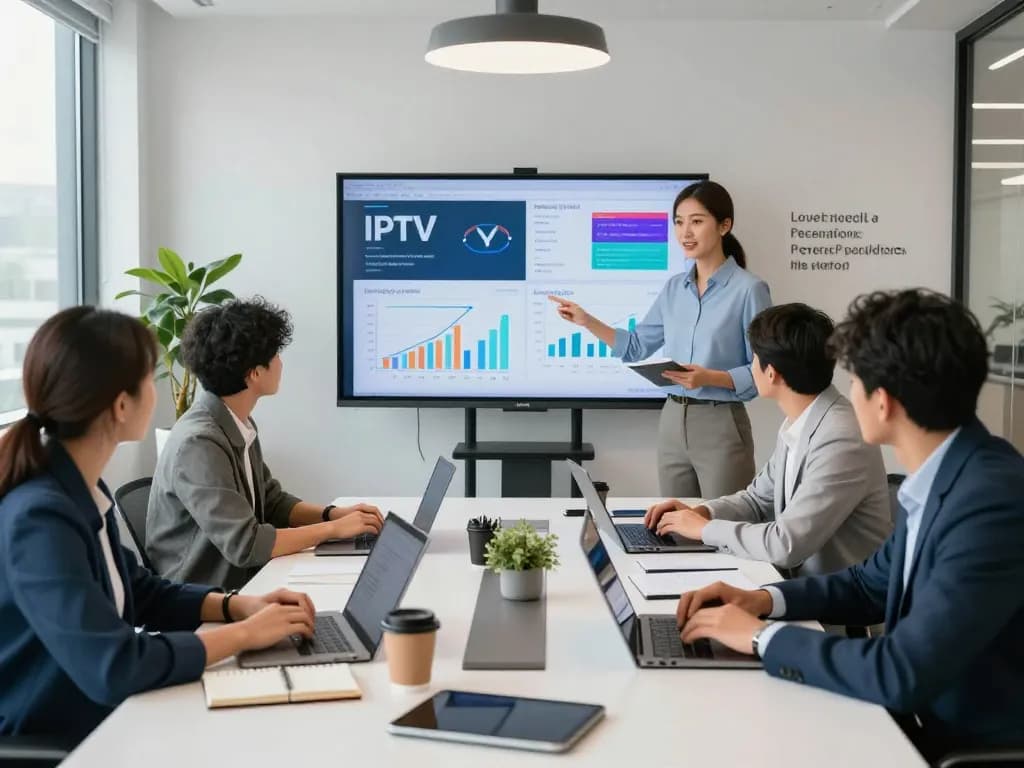 Collaboration in a modern office focused on the Sky Glass IPTV Reseller Panel, showcasing team members analyzing data visuals and strategizing.
