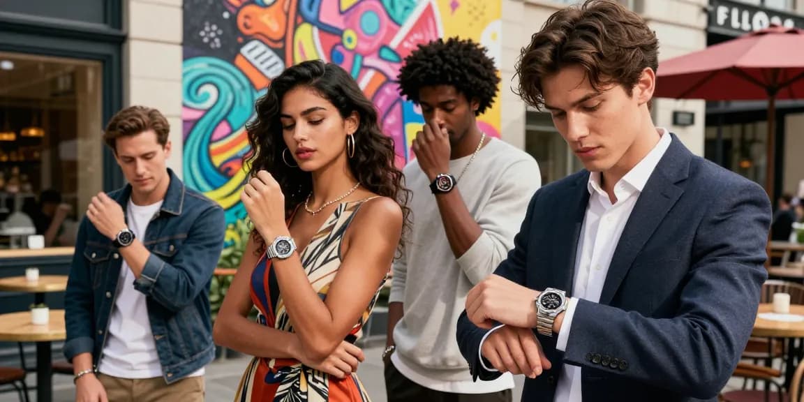 Stylish urban scene showcasing diverse individuals wearing super clone watches, reflecting luxury and sophistication.