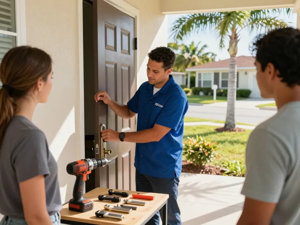 Professional locksmith in Hobe Sound installing a new lock on a front door, showcasing quality service and community trust.