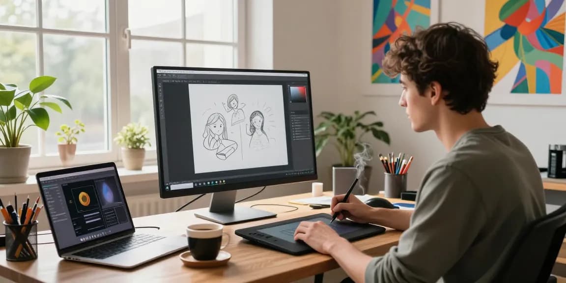 Artist using the image to prompt generator in a vibrant creative studio.