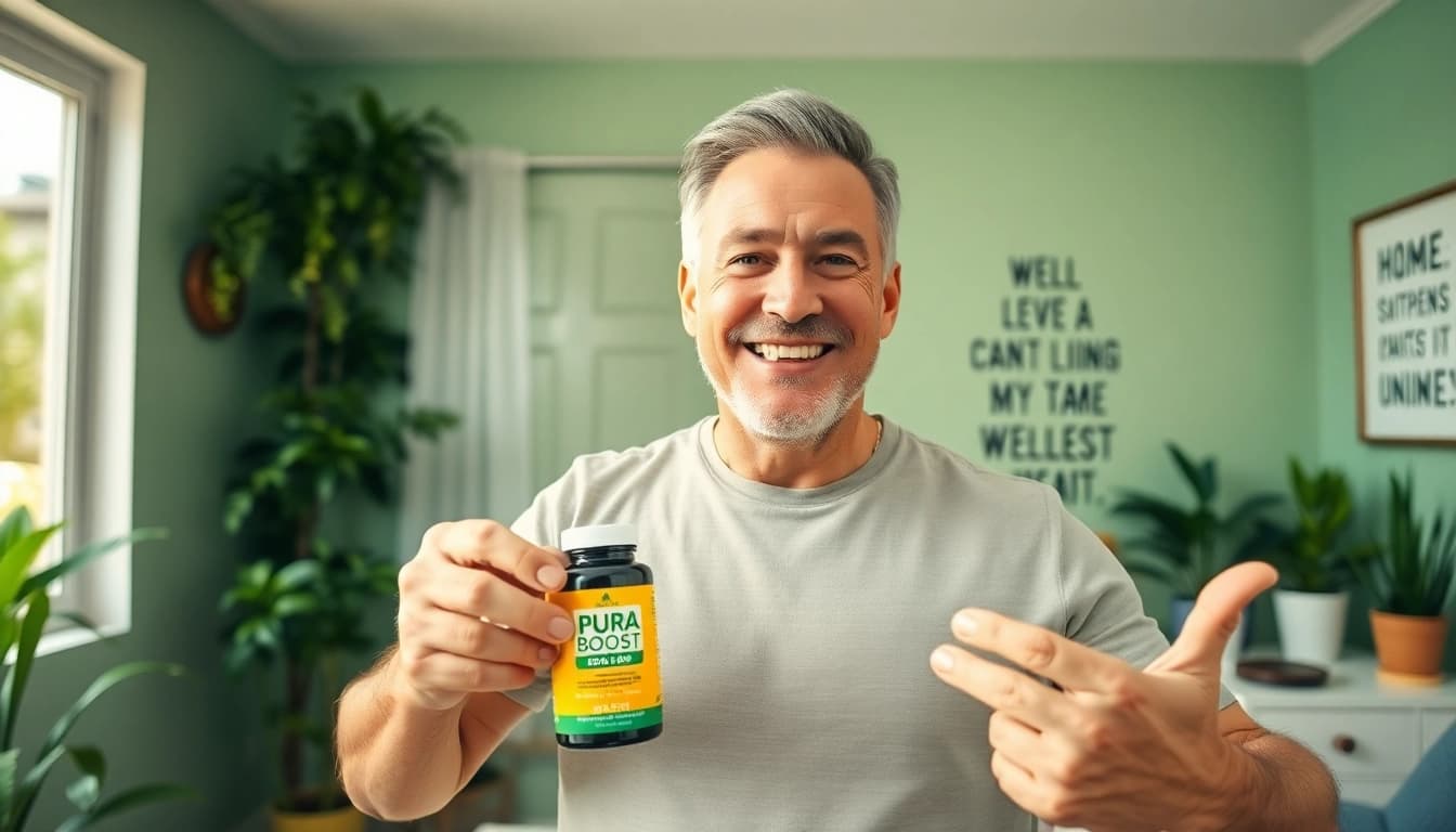 Pura Boost revitalizes men's vitality and confidence naturally, featuring a vibrant scene of energy and wellness.