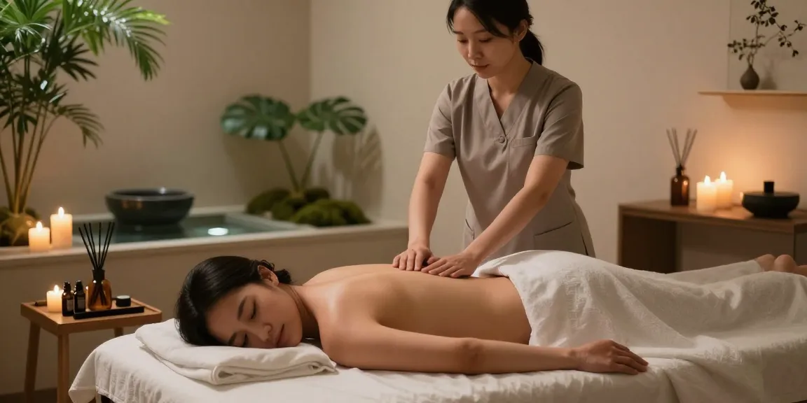 A tranquil scene of a skilled therapist providing 군포출장마사지 in a serene massage room with calming elements.