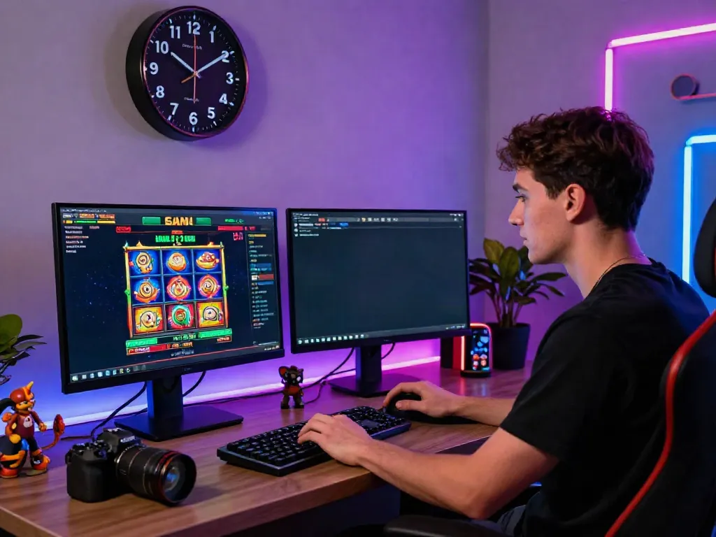 Player engaging with non gamstop sites on dual monitors in a modern gaming setup.