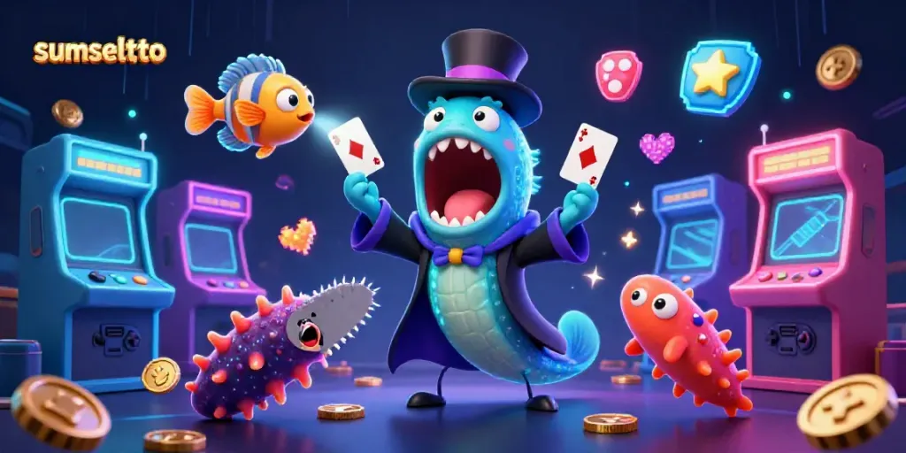 Engaging illustration depicting sumseltoto characters performing casino tricks in a vibrant arcade setting.