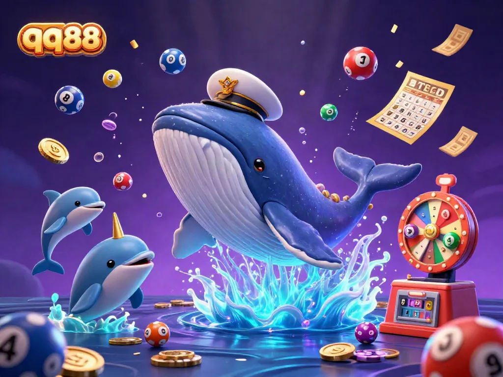 Engage with the thrilling world of qq88 as a cartoon whale breaches through coins, surrounded by vibrant casino elements.
