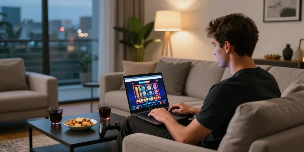 Player exploring non GamStop sites on a laptop in a cozy living room.