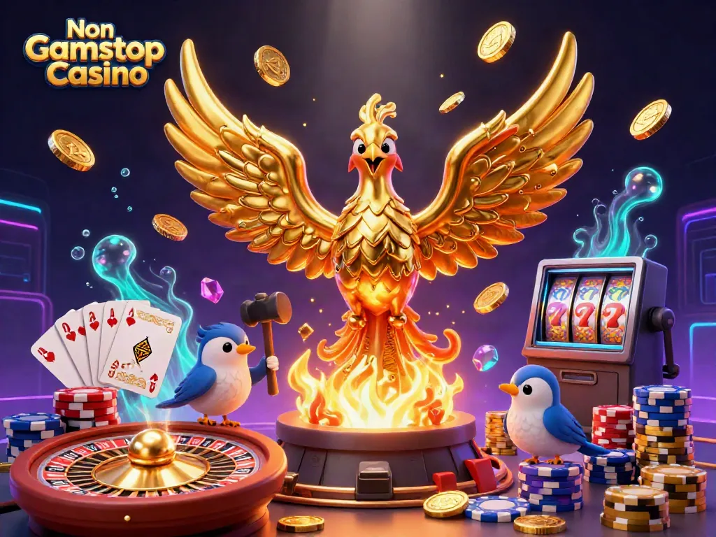 Experience vibrant gaming at a Non Gamstop Casino with golden phoenix and dynamic casino elements.
