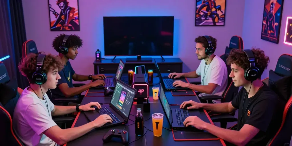 Friends enjoying games on non gamstop sites with vibrant atmosphere and gaming accessories.