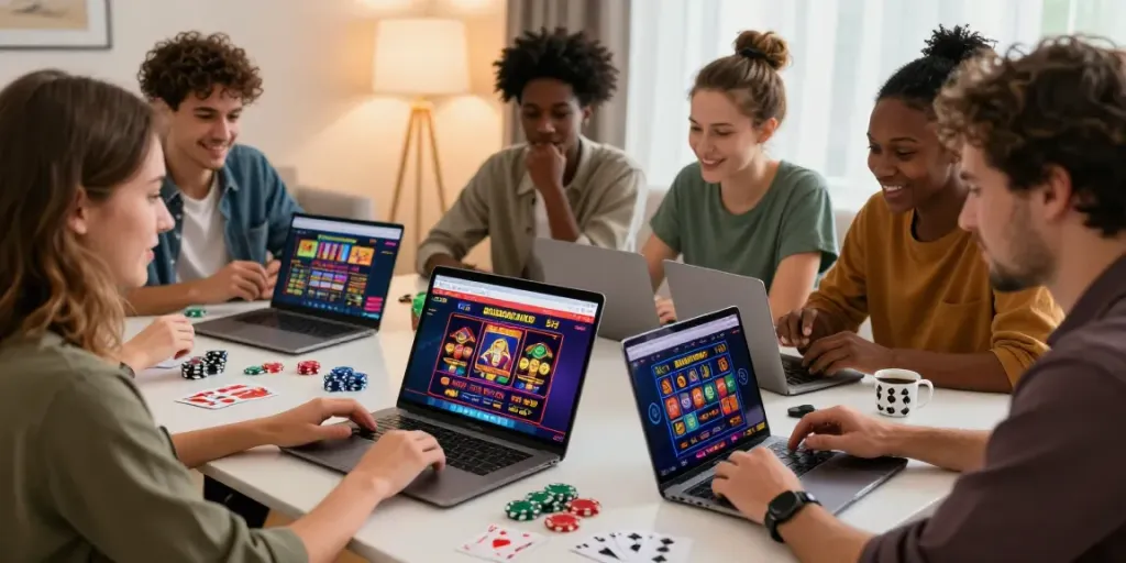 Engaging social gaming scene with friends exploring non gamstop sites in a cozy living room.