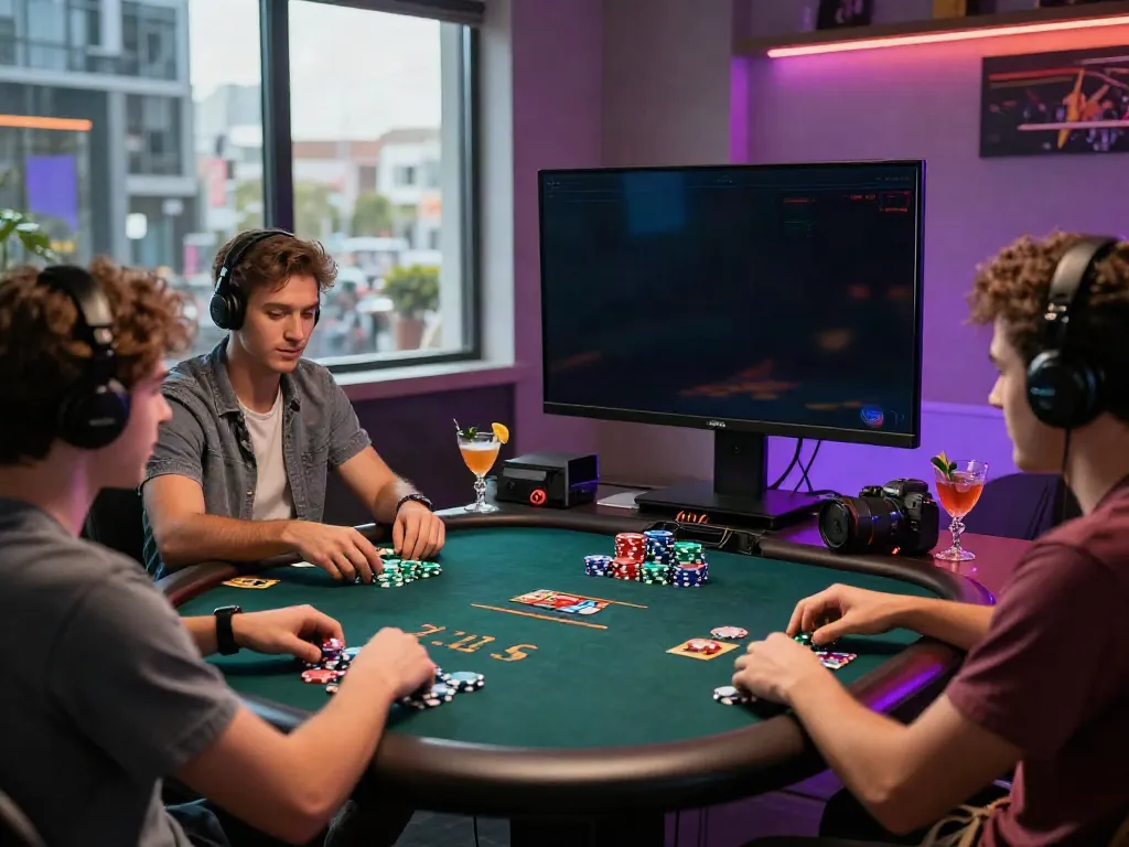 Friends enjoying a gaming night at a stylish setup showcasing non Gamstop sites.