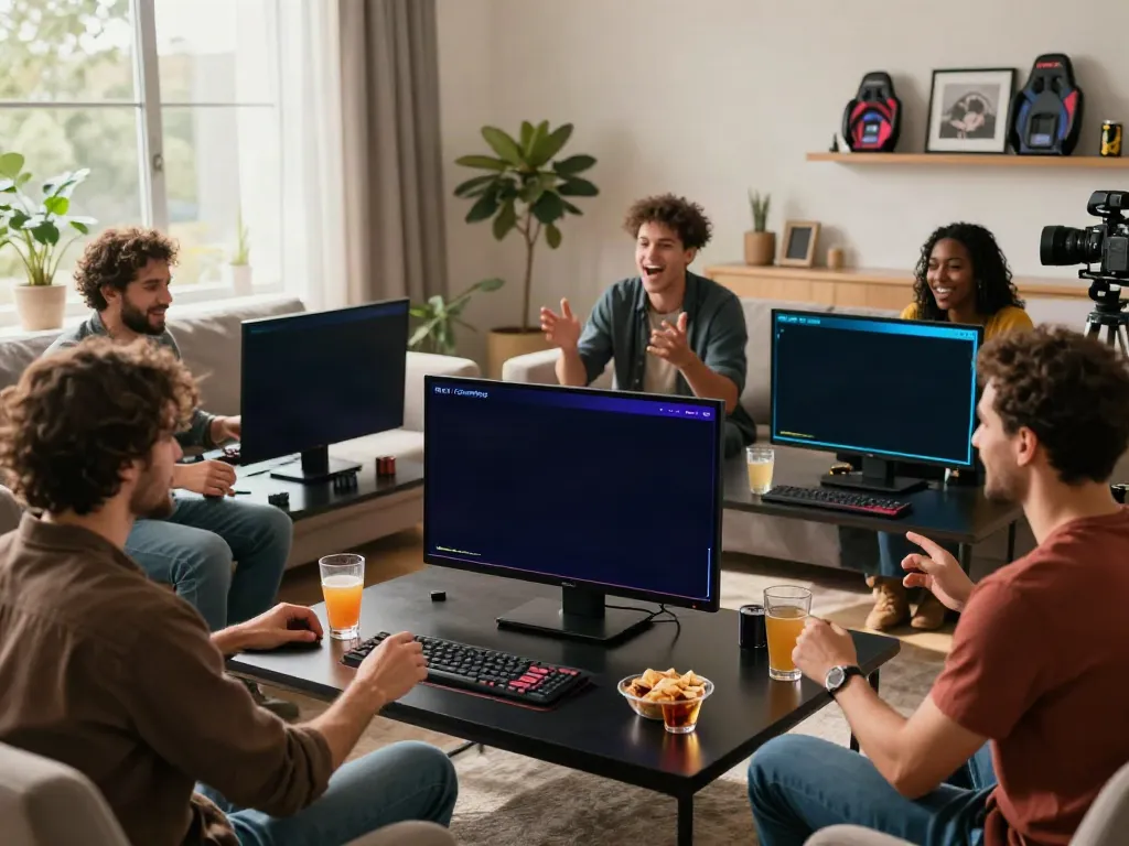 Exciting gathering enjoying non Gamstop sites in a stylish living room atmosphere.