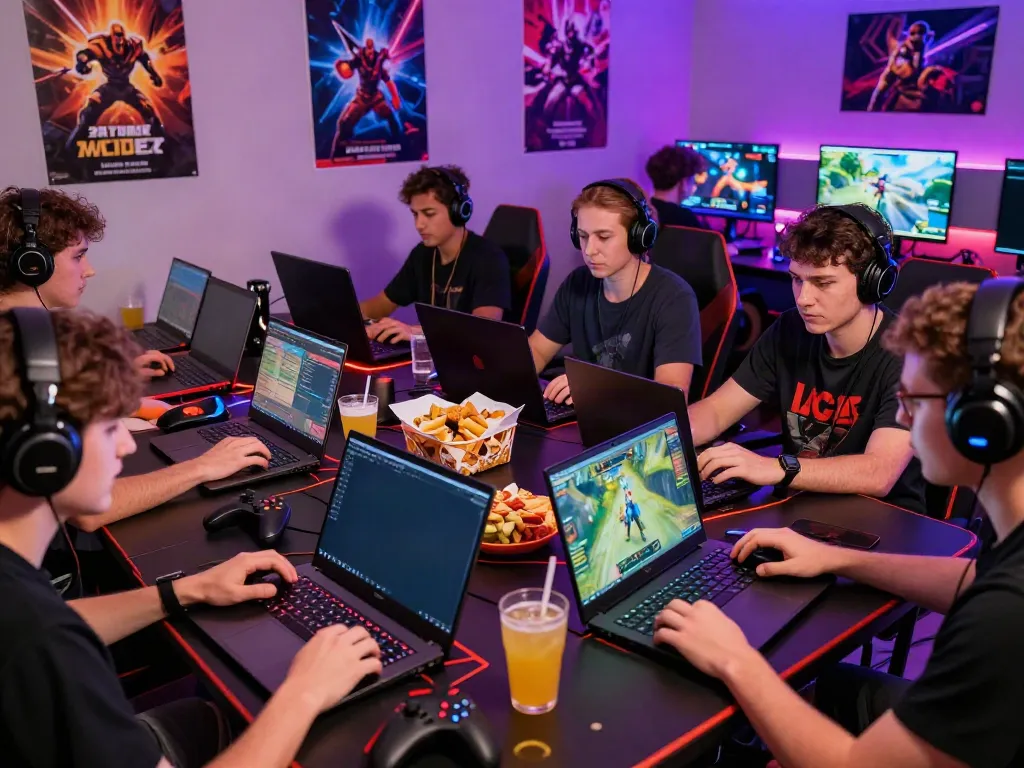 Diverse gamers engaged on non Gamstop sites with vibrant atmosphere and gaming devices.