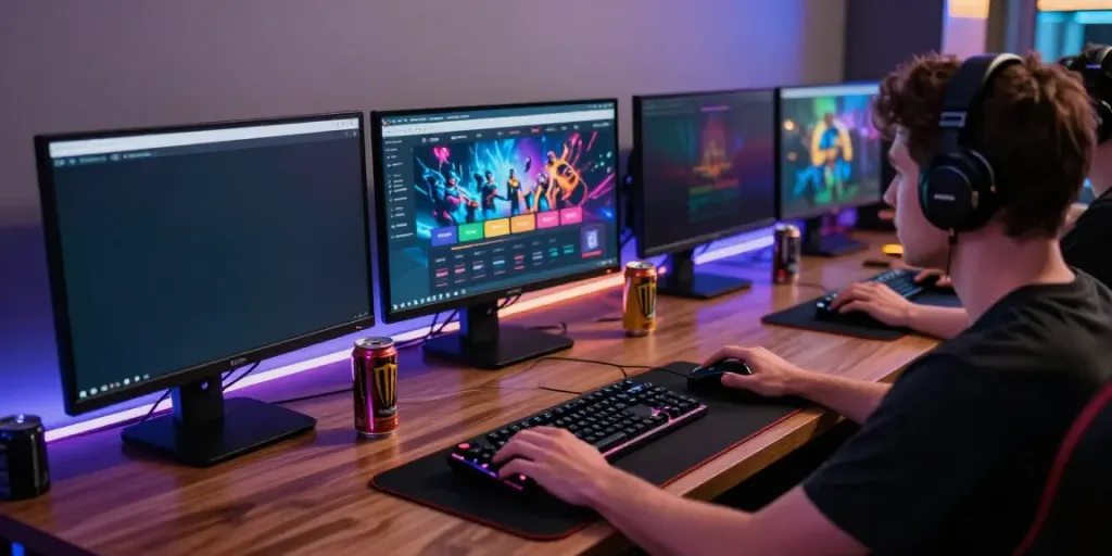 Exciting gaming setup showcasing non gamstop sites on multiple screens with vibrant graphics and immersive lighting.