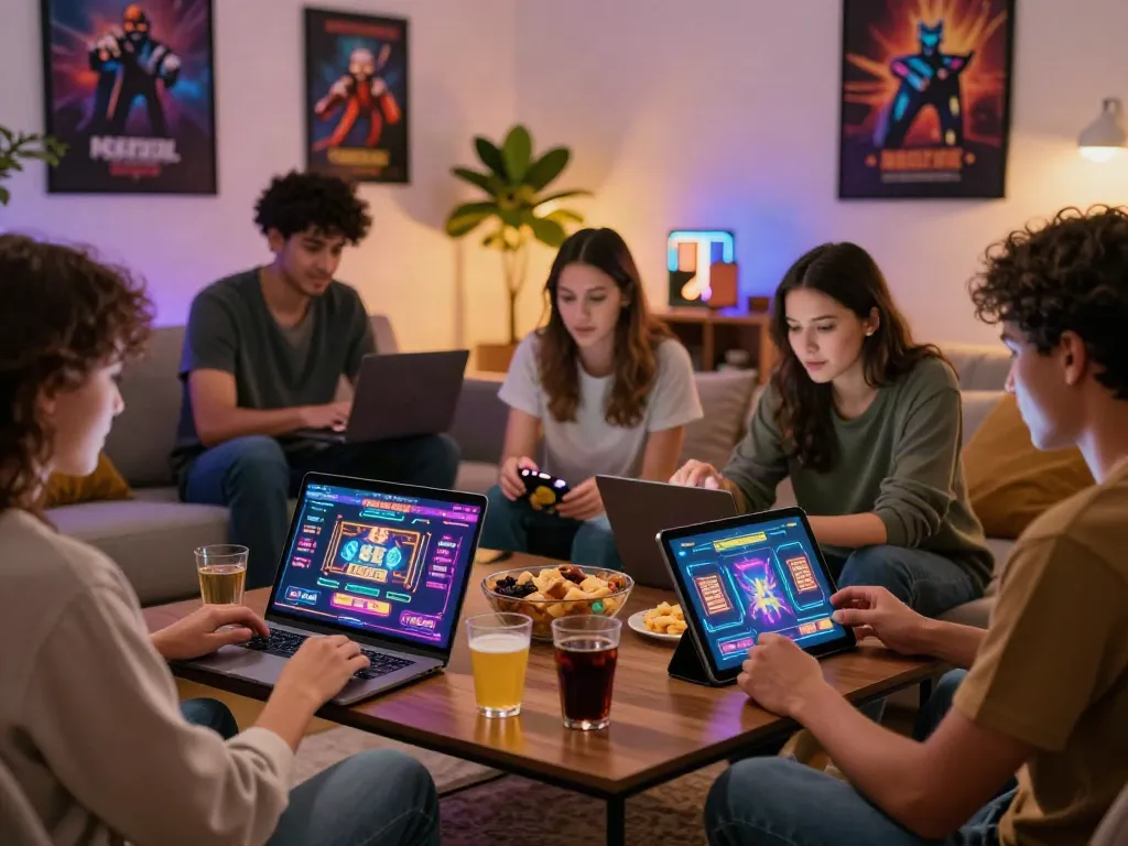 Group enjoying live gaming on non Gamstop sites in a cozy living room.