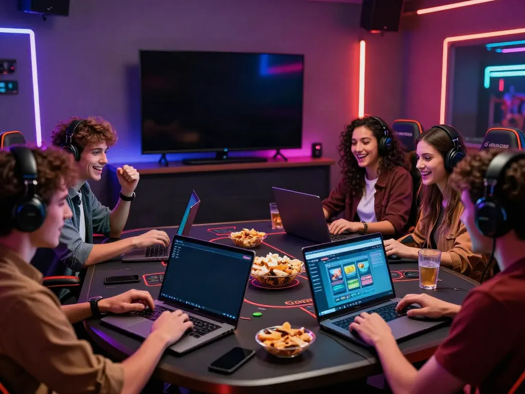 Friends enjoying online gaming in a vibrant gaming lounge featuring non gamstop sites.