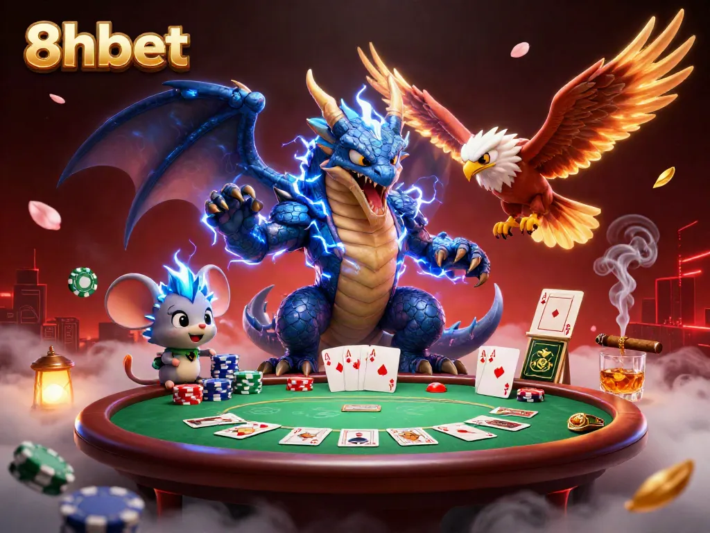 Experience the excitement of 8xbet with a powerful dragon, hawk, and dynamic poker elements in a vivid casino scene.