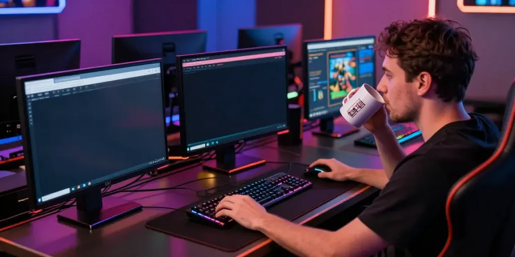 Player enjoying online gaming at non Gamstop sites with vibrant atmosphere and tech accessories.