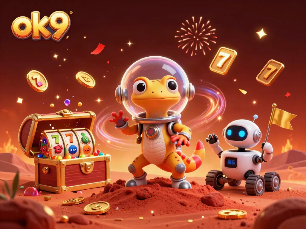 Experience the thrilling adventure of ok9 as a Martian gecko explores a golden casino amidst lively displays.