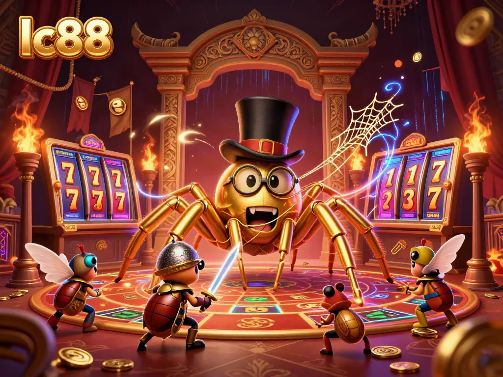 Transform your gaming experience with lc88 featuring a golden tarantula and beetle knight in a rich casino setting.