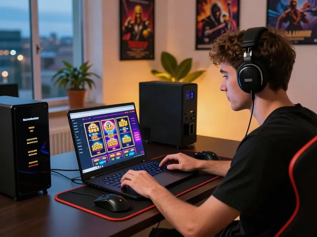 Engaged young adult male gaming at a modern desk on non Gamstop sites, showcasing gaming peripherals and an inviting atmosphere.