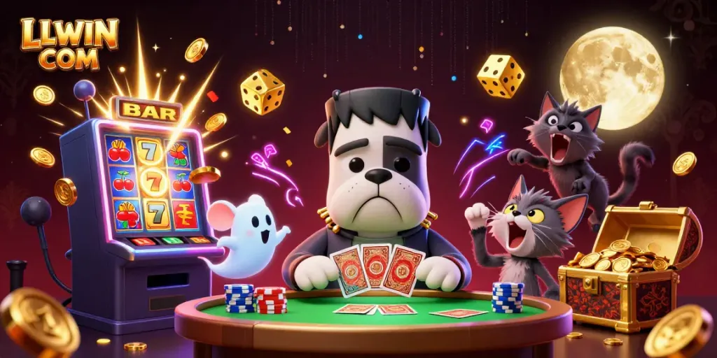Engage in thrilling gaming at LLWIN COM with a vibrant casino scene featuring lively characters and dynamic elements.