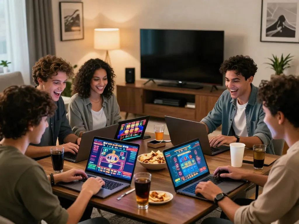 Friends enjoying non gamstop sites together at home with excitement and snacks.