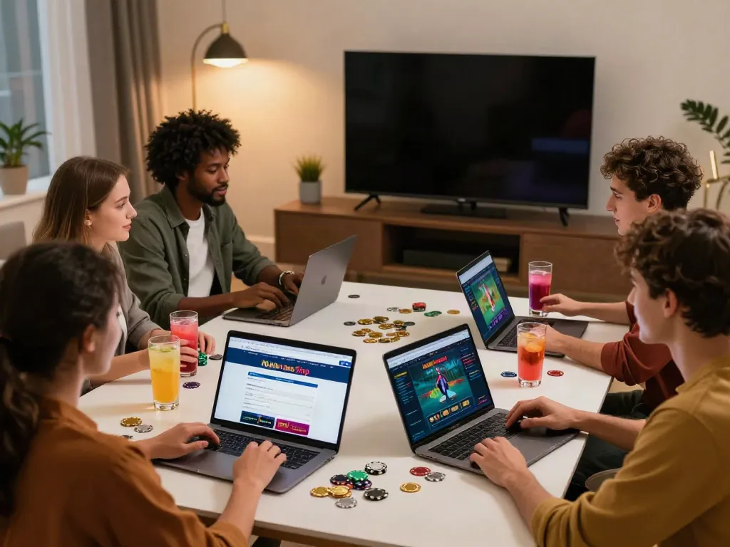 A vibrant gaming night showcasing friends using non gamstop sites for online gambling.