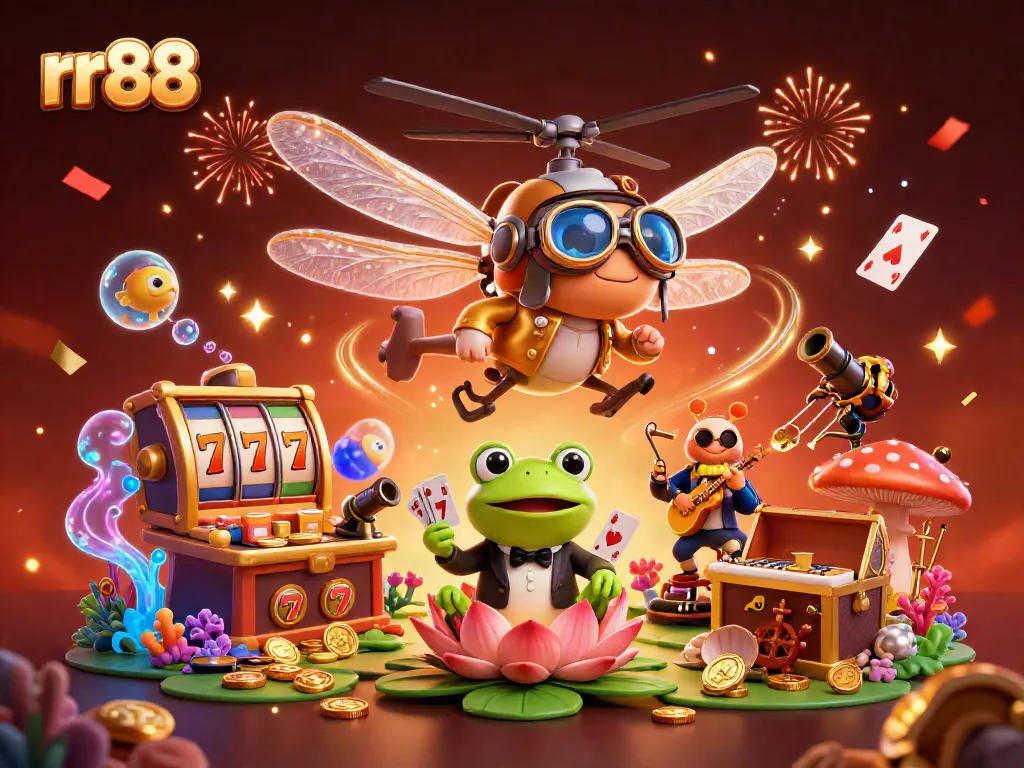 Experience the thrill of rr88 with a lively dragonfly pilot and frog dealer in a vibrant casino.