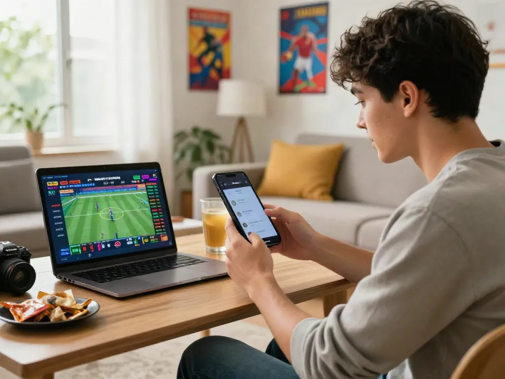 Engaging online betting experience at https://9bet.ru.com/ with a young adult placing bets in a vibrant living room.