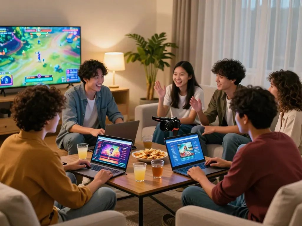 Friends enjoying gaming night with non gamstop sites on laptops at home.
