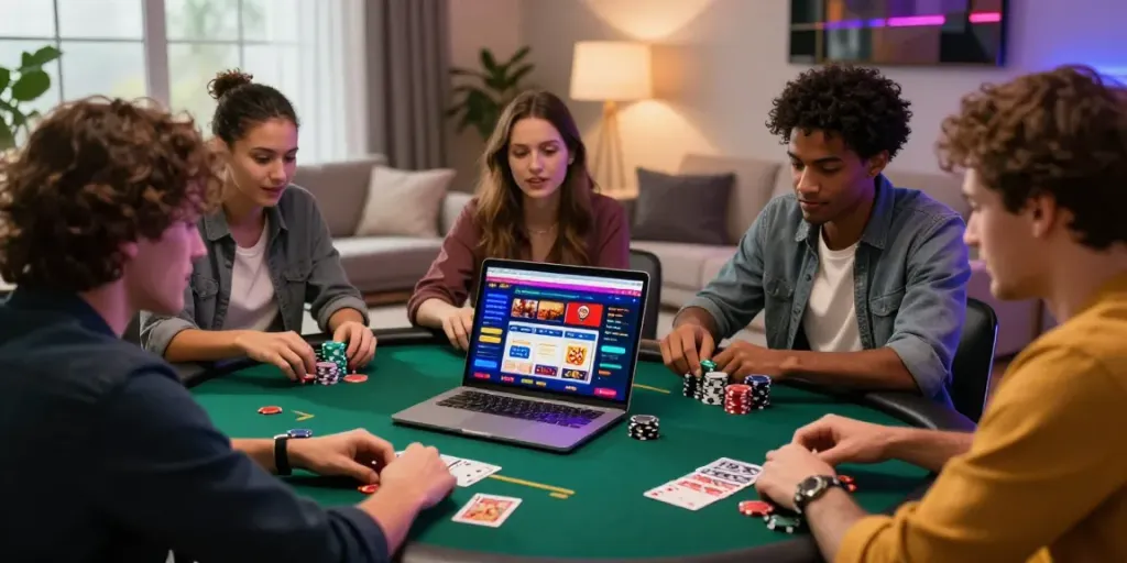 Group of friends enjoying a gaming night exploring non gamstop sites on a laptop.