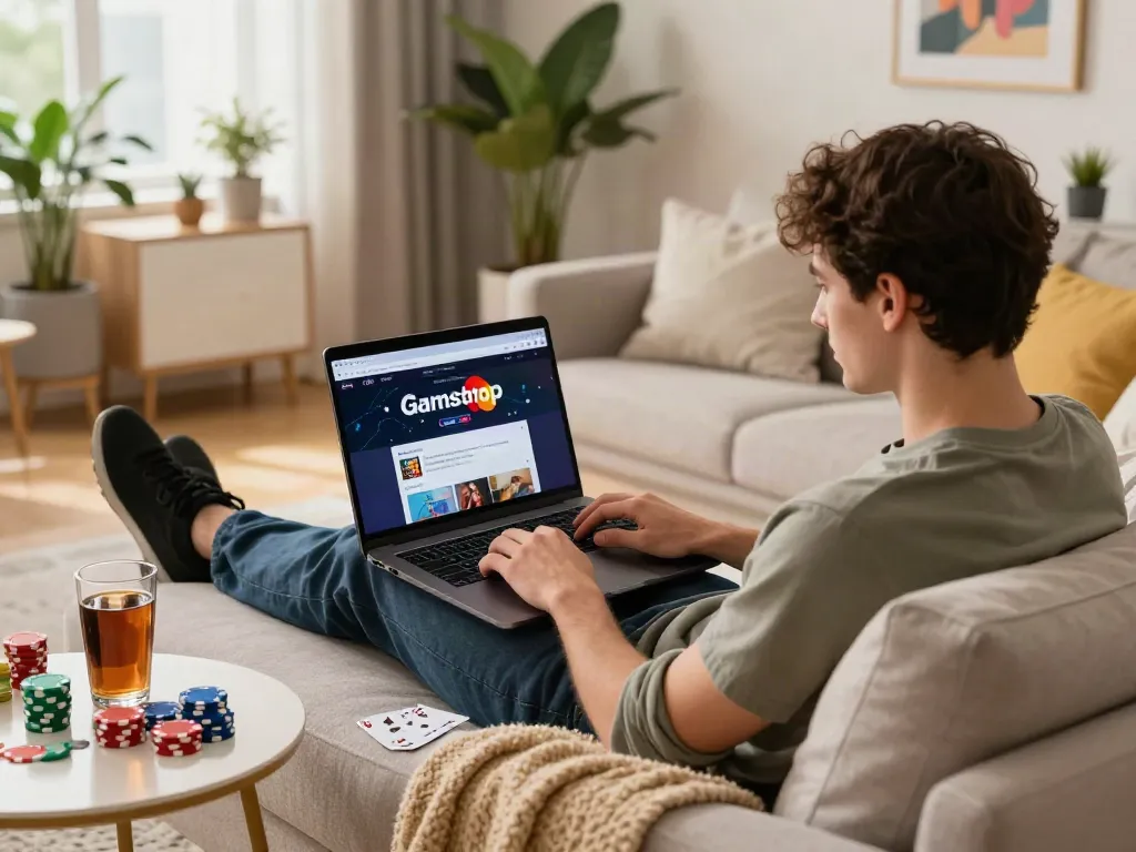 Relaxed gamer enjoying non Gamstop sites in a cozy living room setting with vibrant decor