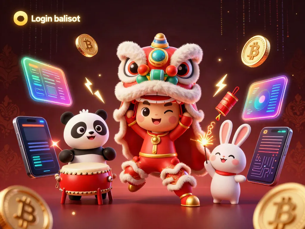 Experience the thrilling Login balislot with vibrant 3D characters, digital coins, and slot elements in a festive scene.
