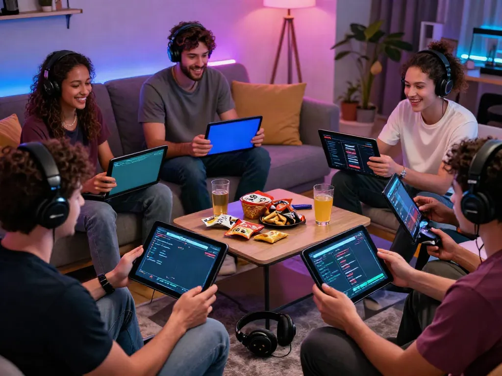 Diverse gamers enjoying non Gamstop sites during a lively game night, showcasing excitement and community.