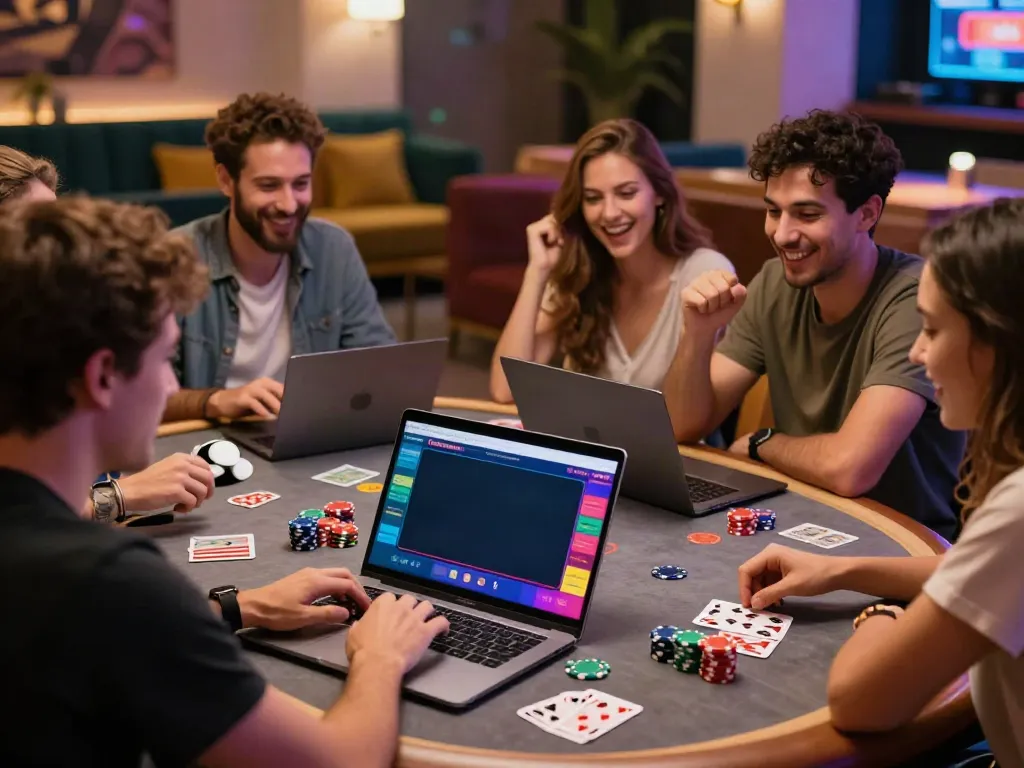 Players excitedly exploring non gamstop sites on a laptop in a vibrant gaming lounge.