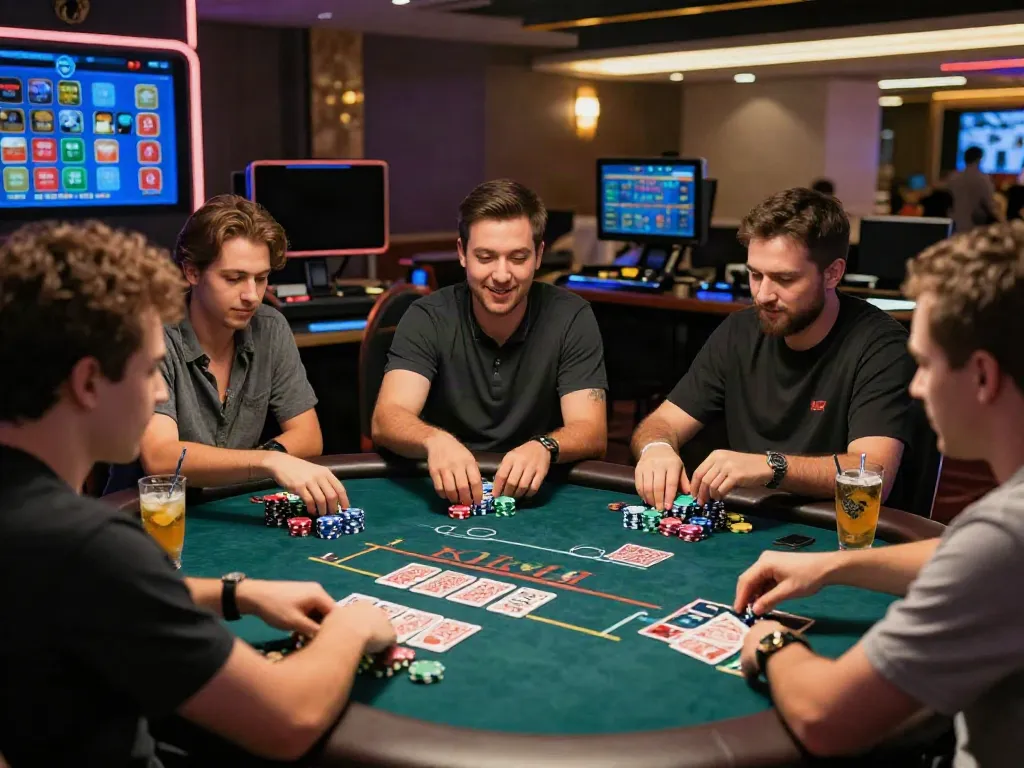 Exciting gaming scene at non Gamstop sites with diverse players enjoying a live dealer table game.