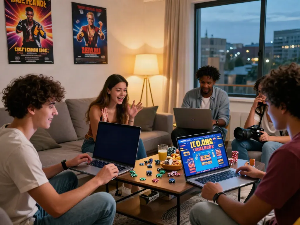 Friends enjoying gaming on non gamstop sites in a lively living room with urban backdrop.