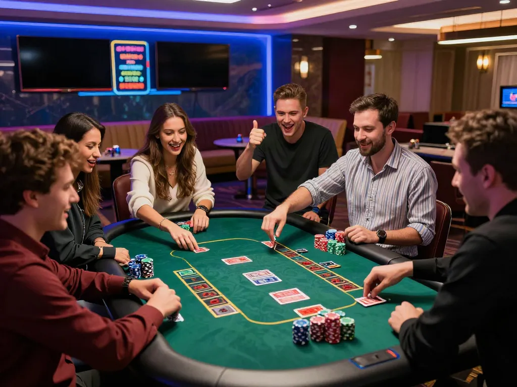 Friends enjoying non Gamstop sites in a lively online casino atmosphere.