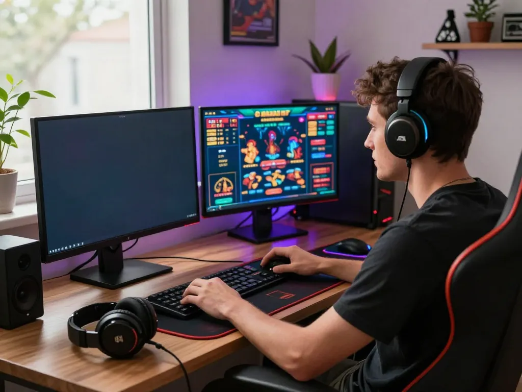 Gambler immersed in online gaming at home, showcasing non gamstop sites on dual monitors and vibrant lighting.