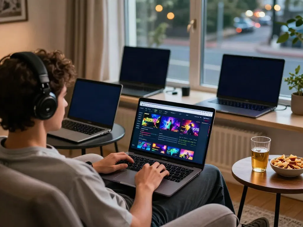 Exploring non Gamstop sites in a cozy home setting with vibrant gaming graphics.